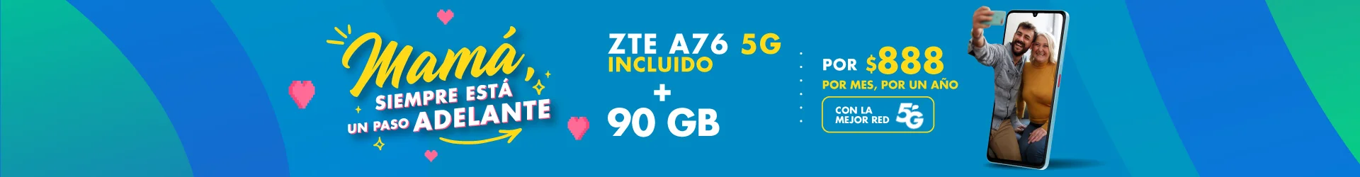 ZTE A76 5G incluido + 90 GB por $888 por mes, por un año