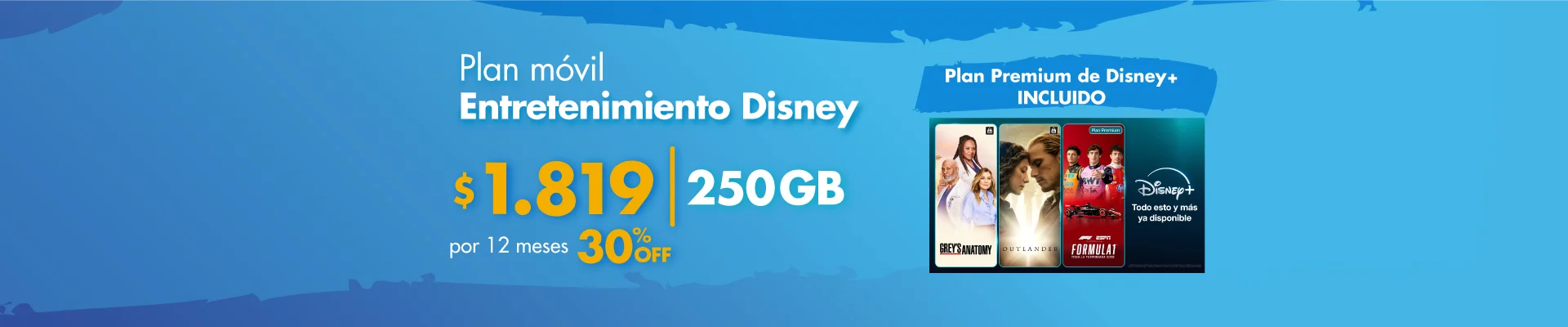 Banner ilustrativo sobre Plan Entretenimiento Disney móvil 30% OFF